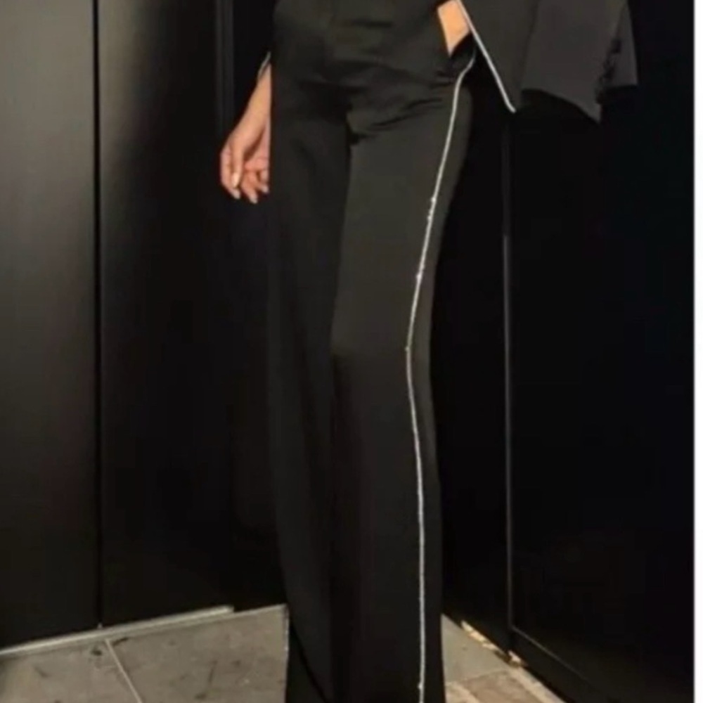 Jason Wu Crystal Rhinestone Side Trim Black Wide Leg Satin Pants Size 6